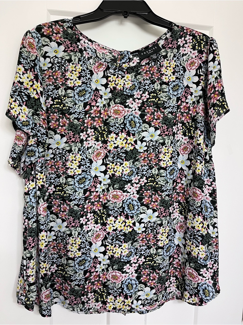 Premise Black Floral Short-Sleeve Tee with Pink, Blue & Yellow Blooms
